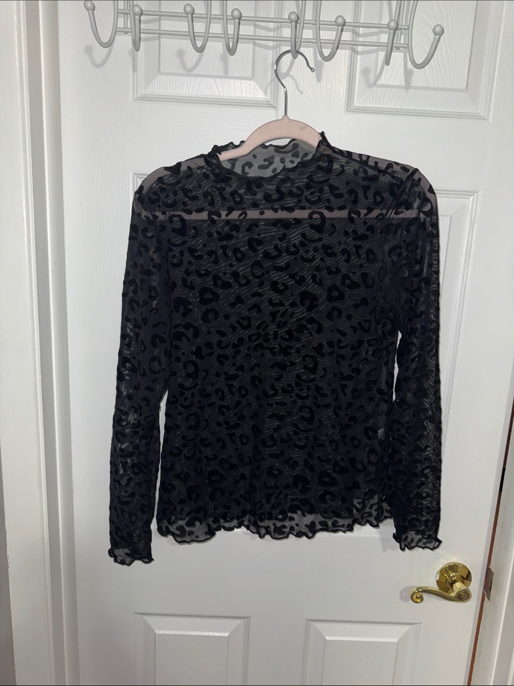Sheer Black Leopard-Print Long-Sleeve Mesh Top Size L